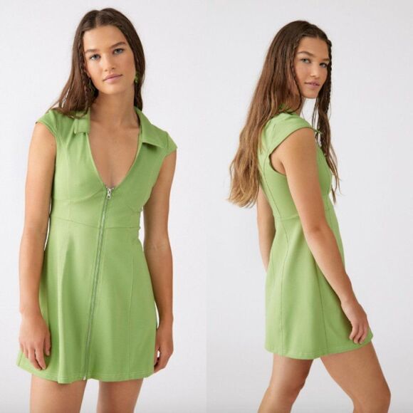 Urban Outfitters UO lime green cap sleeve zipper front v-neck Amal mini dress - Picture 6 of 6